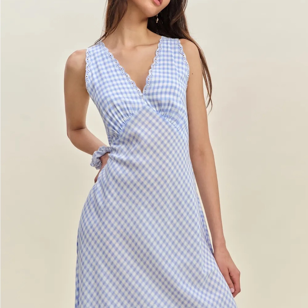 Reformation Blue Gingham V-Neck Dress